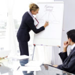 A woman in business attire writing on a white board.